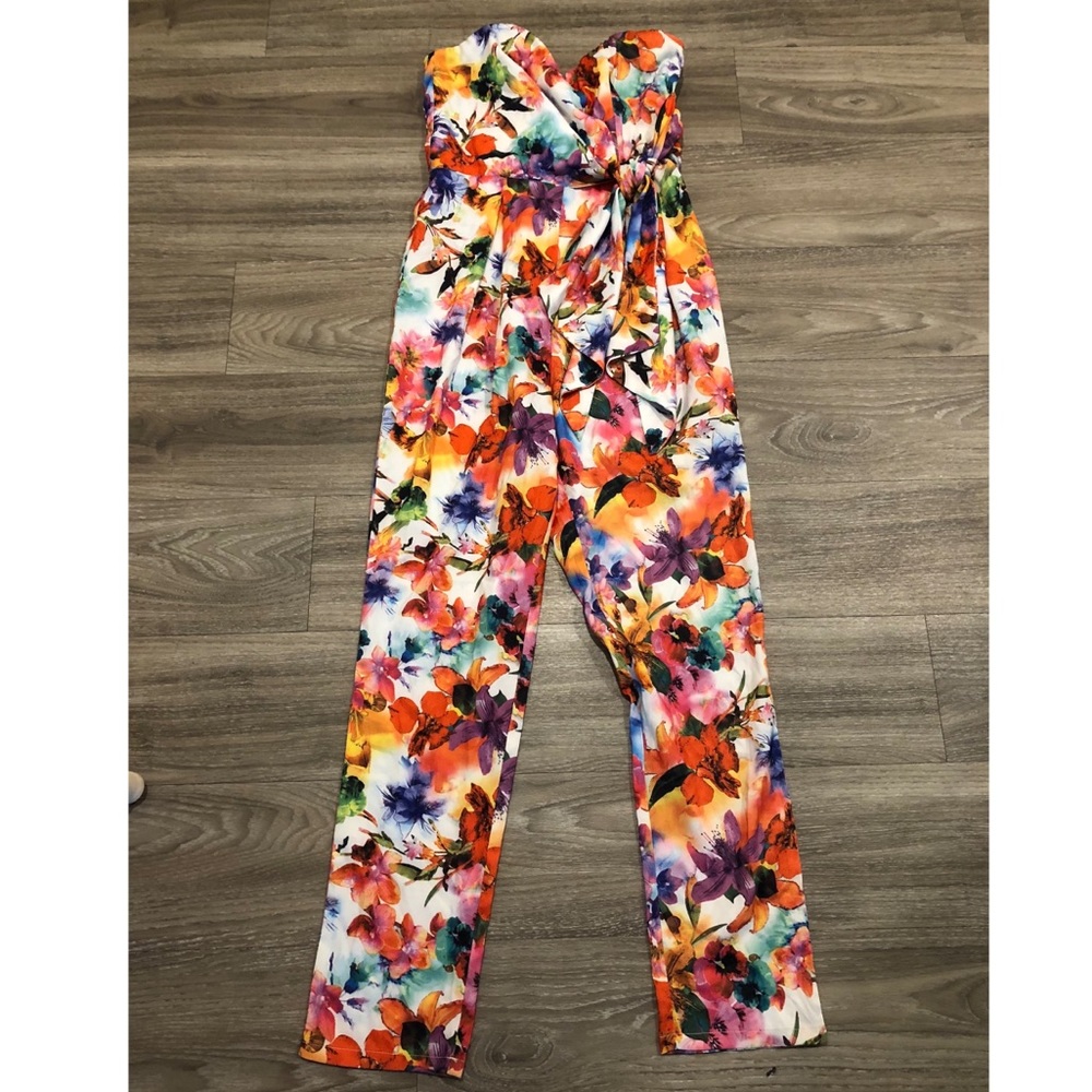 Strapless bright floral jumpsuit NWOT